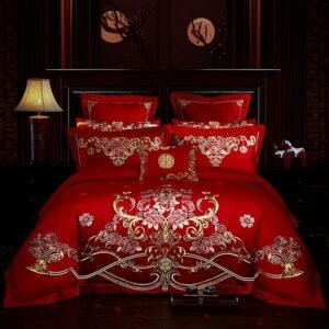 Luxury Double Happiness Wedding Red Bedding Set Embroidery 100%Cotton Soft Duvet Cover set Flat sheet Bedspread Pillow shams 1
