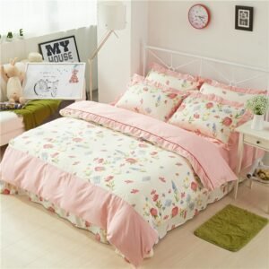 Pink Floral Flowers Duvet Cover Set Soft Cotton Girls Bedding Set with Zipper Ties, 1 Duvet Cover 1 Bed sheet 2 Pillow Shams 1