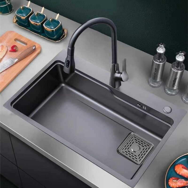 Large Size Nano Wash Basin Single Kitchen Sink 304 Stainless Steel Black Gray Bowl Kitchen Sinks Set Home Handmade Thickened 4