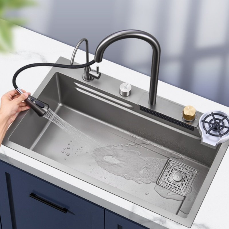 Large Black Grey Rainfall Waterfall Single Slot Kitchen Sink 3mm Thickened Wash Basin Bowl Kitchen Sink Topmount Faucet Drain 3