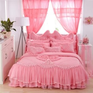 Luxury Wedding Bedding Set  Lace Stain Cotton Fabric King Queen Twin size Girls Princess Bed skirt set Duvet Cover Pillow shams 1