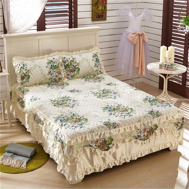 Vintage Style Garden Flowers Duvet Cover Set 100%Cotton Queen King 4/6Pcs Bedding set Quilted Bedskirt/Bedspread Pillow shams 6