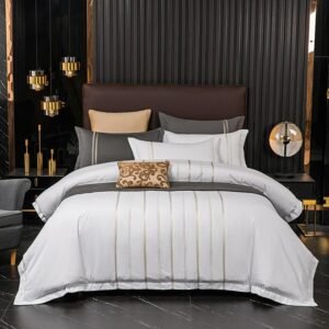 Dark Gray White Vertical Stripes Embroidery Duvet Cover 100%Cotton 4Pcs Double Queen King 1Duvet cover 1Bed Sheet 2Pillowcases 1