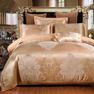 Full Queen 4Pcs Embroidery Satin Jacquard Paisley Gold Luxury Bedding Set Silky Soft Comforter Cover Bed Sheet set Pillowcases 1
