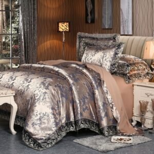 4 Pieces Silver Brown Luxury Satin Cotton Lace Bedding sets Double Queen King size bedding duvet cover bed sheet set Pillowcases 1