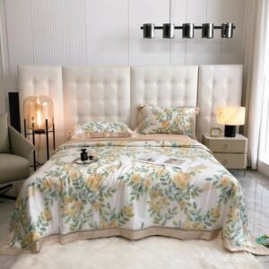 Bamboo Lyocell Cooling Blanket Quilt Bed Sheet Pillowshams Silky Soft Breathable for Summer Vintage Floral Leaves Bedspread 1