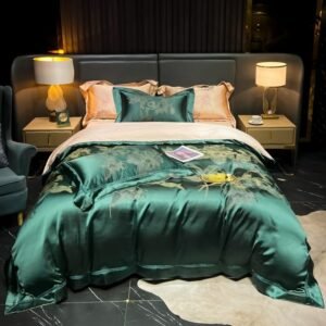 4Pcs Champagne/Green Silky Satin Cotton Duvet Cover set Queen Double King Luxury Soft Bedding set Cotton Bed Sheet Pillowcases 1