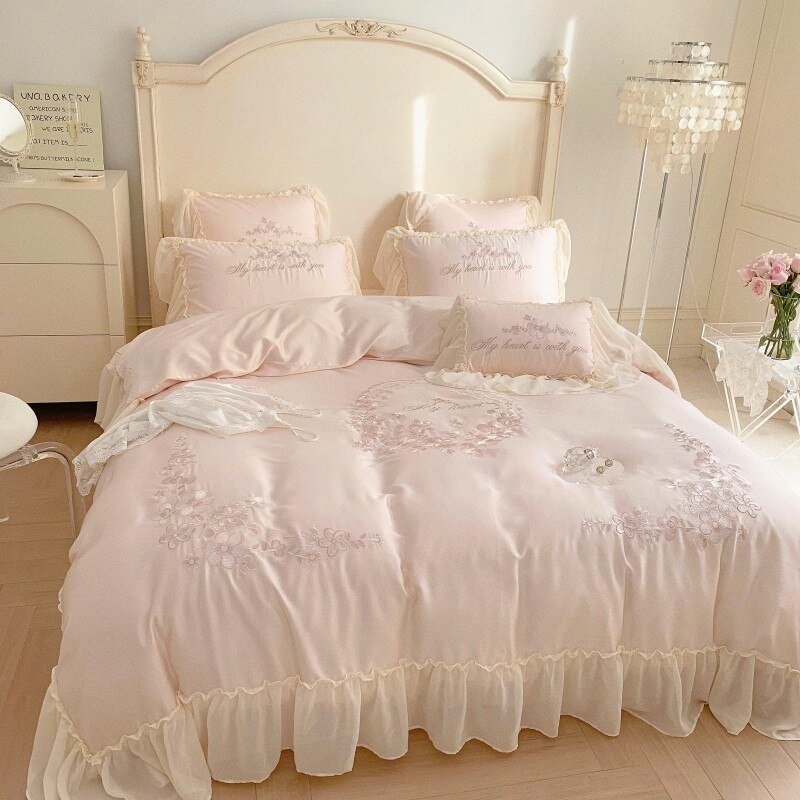 100%Eucalyptus Lyocell Duvet Cover Set Ruffels Princess Girls White Pink Bedding set Silky Smooth Cooling Bed Sheet Pillowcases 2
