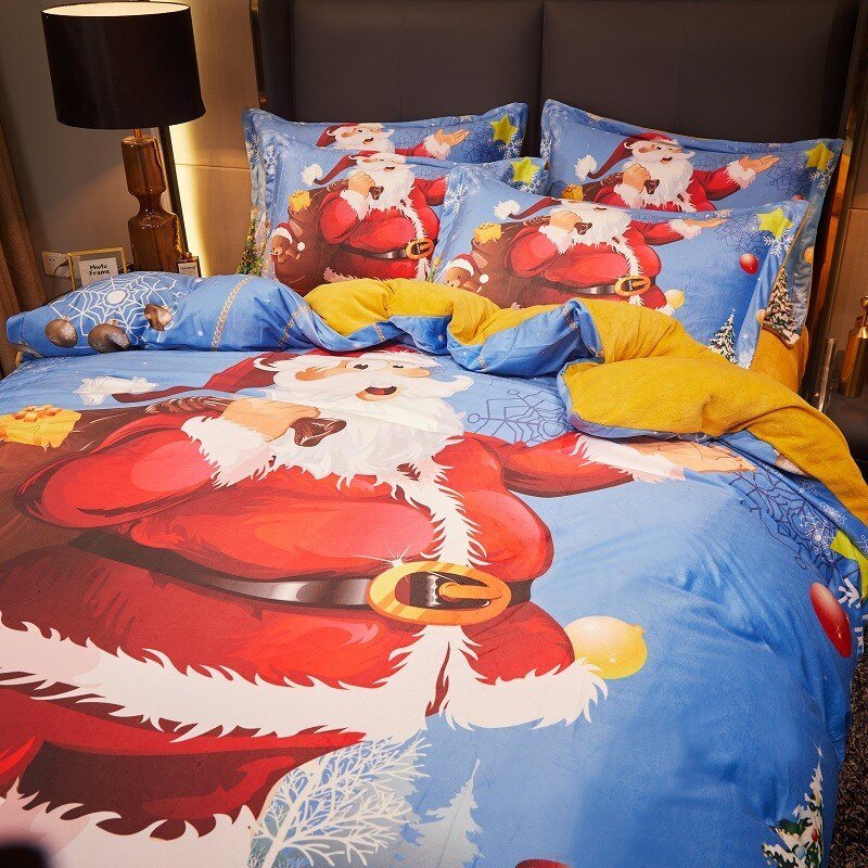 Merry Christmas 4Pcs Duvet Cover Bed sheet Pillowcases Full Queen Santa Claus Clouds Bedding Set Super Soft Velvet Fleece fabric 2
