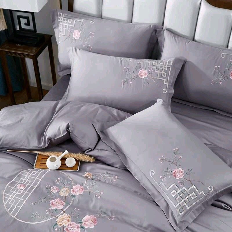 Grey Chinoiserie Chic Floral Embroidery Bedding set Egyptian Cotton Soft Breathable Zipper Duvet Cover Bed Sheet Pillowcases 2
