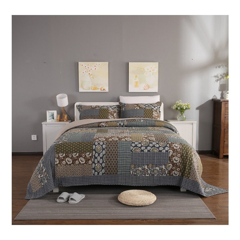 100%Cotton Patchwork Shabby Bedspread Quilt Sets Pillow shams Reversible Coverlet Set Grey Classic Bohemian King Size 3 pieces 5