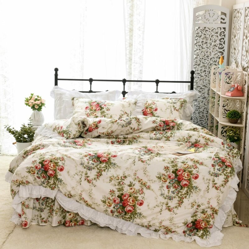 Vintage Floral Bedding Duvet Cover Sets Twin Queen King Kids Girls Bedding Sets 100% Cotton Ruffles Flower Bedding Bedskirt set 1