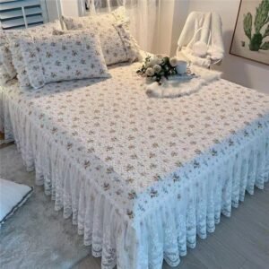 Dust Ruffled Bed Skirt Pillowcases Wrap Around Lace Bed Ruffle with16 inch Deep Drop Quilted Cotton Floral Girls Bedspread 1