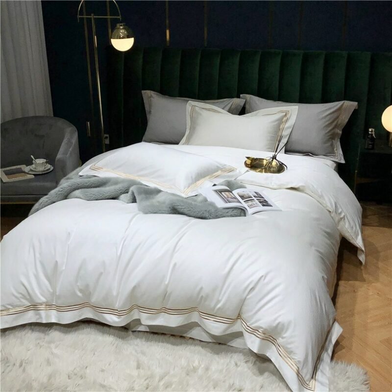 1000TC Egyptian Cotton Gold Embroidery Linens Duvet Cover set White Grey Sateen Hotel Bedding set Bed Sheet King Queen size 4Pcs 2