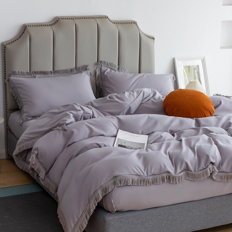 Soft Bedding White Black Tassel Duvet Cover Fringed Twin Family size Ultra Soft Microfiber Elegant Bedding Bed Sheet Pillowcase 4
