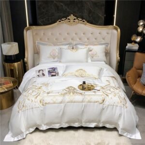 Queen Super King size Bedding set White Egyptian Cotton Gold Embroidery Duvet cover Deep Pocket Fitted sheet Bed sheet 1