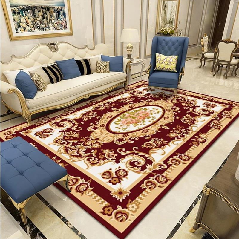 European Classical Style Red Floral Carpet Living Room Palace Pattern Rug Bedroom Blue Large Carpets Coffee Table Non-slip Mat 2