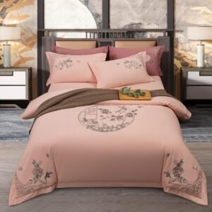 Traditional Vintage Embroidery Chic Peach Duvet Cover 600TC Egyptian Cotton Soft 4Pcs Bedding Set with 1Bed Sheet 2Pillow shams 1