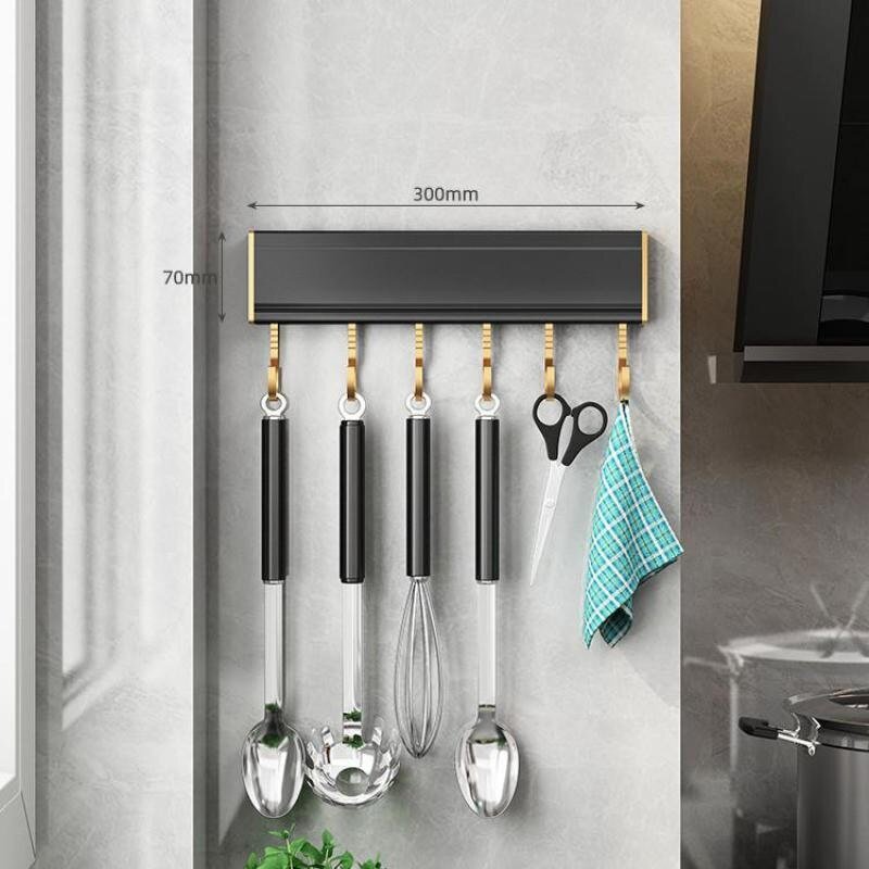 Aluminum Kitchen Utensils Pots Organizer Rack with Movable Hooks Rail Hanger Spatula Spoons and Pans Holder Wall Hanging Black 4