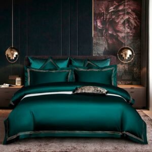 Embroidered Deep Green Blue Duvet Cover Premium Soft Egyptian Cotton Bedding set Double Queen King 4/6Pcs Bed Sheet Pillowcases 1