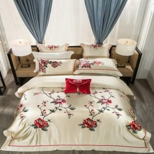 Golden/Gray Satin Luxury Chic Embroidery Blossom Bedding set 4/6/8Pcs Silky Satin Bedding set Cotton Bed Spread Pillow shams 1