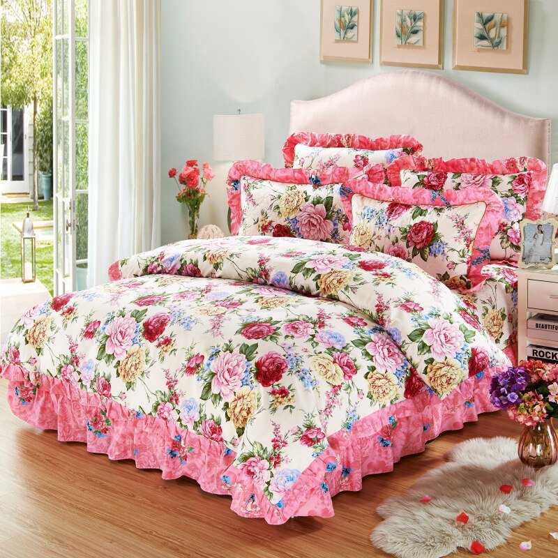 100%Cotton 4Pcs Spring Blossom Flowers Bedding Sets with Quilted Cotton Bed spread Duvet Cover Pillowcase 4/6Pcs Queen King size 1