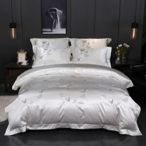 4Pcs Silver White Luxury Silky Cotton Bedding set Chic Embroidery Butterfly US Queen King size Duvet cover bed sheet set 1