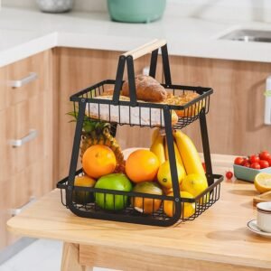 Portable 2-Tier Fruit Vegetable Basket with 2 Wood Handle Kitchen Counter Bread Snacks Storage Organizer Metal Wire Bowl Black 1