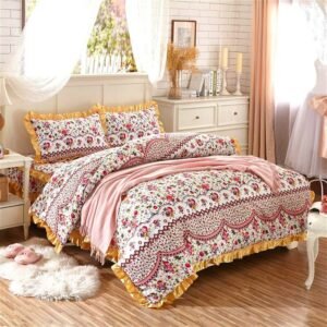 Shabby Chic Floral Duvet Cover Set 100% Cotton Soft Bedding set with Quilted Cotton Bedskirt Pillow shams Queen King size 1