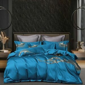 Chic Embroidery Peacock Blue Silky Soft Comforter Quilt Cover with Zipper Double Queen 4 Pcs (1 Duvet Cover + Bed Sheet+2cases) 1