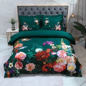 Chic Vintage Blossom Dark Green 104X90in Duvet Cover Soft Silky Egyptian Cotton Bedding Set Bed Sheet Pillowcase US Queen King 1