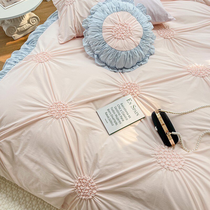 100%Cotton Pinch Pleated Pink Blue Patchwork Duvet Cover set Queen King 4Pcs Bedding set Comforter Cover Bed Sheet Pillowcases 3