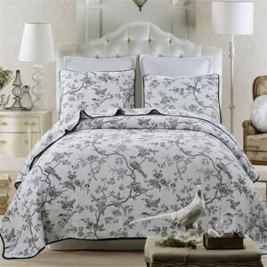 Leaves Birds Branch Printing Queen size Vintage Chic Bed Spread Sets 3 Piece Comfy Cotton Home Chic Bedspread Quilt Bedding Sets 1