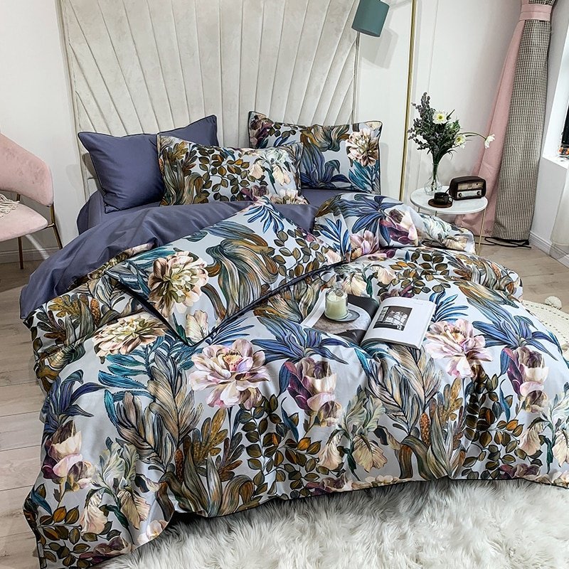 Tropical Leaves Flowers Duvet cover set Silky Soft 100%Egyptian Cotton Bedding set Queen King Bed sheet Quilt Cover Pillowcases 2