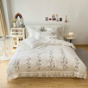 100%Cotton Ultra Soft  Duvet Cover set Chic Floral Embroidery Bedding set 160X200cm Bedskirt Pillow shams Twin Queen King size 1