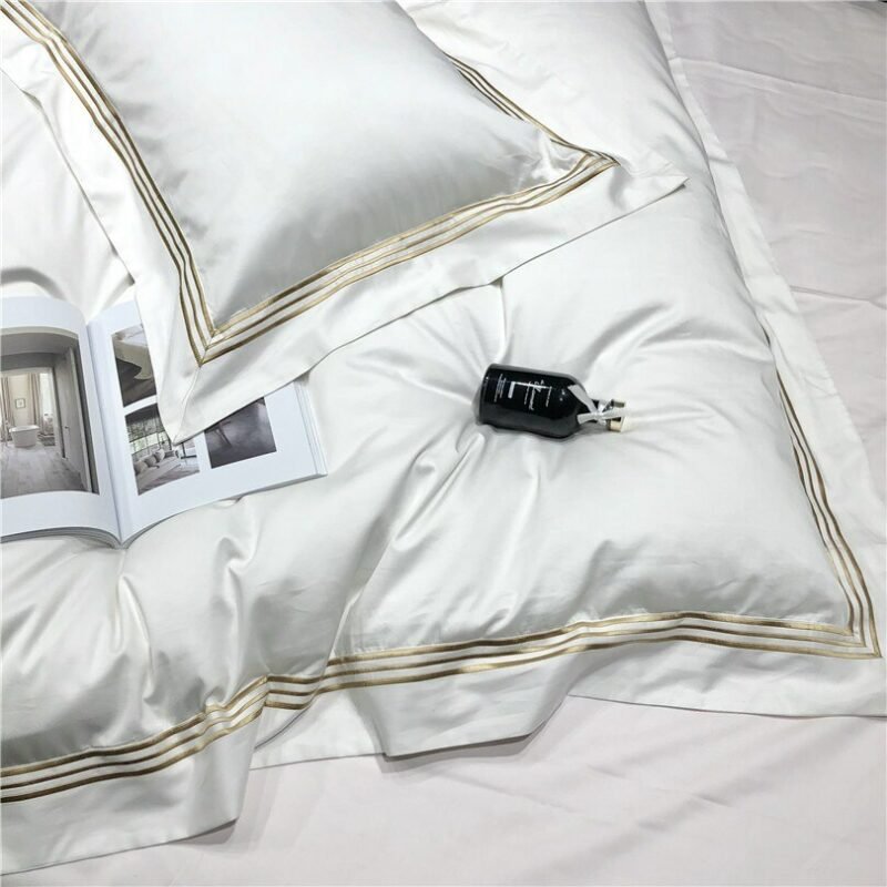 1000TC Egyptian Cotton Gold Embroidery Linens Duvet Cover set White Grey Sateen Hotel Bedding set Bed Sheet King Queen size 4Pcs 5