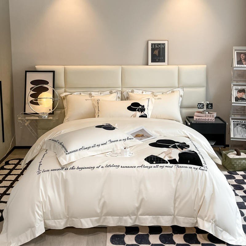 4Pcs Luxury Embroidery Black Design Premium 1000TC Egyptian Cotton Ultra Soft Silky White Duvet Cover Bed Sheet Pillowcases 1