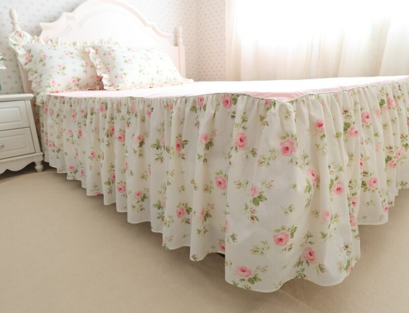Vintage Pink Floral Ruffled Bedding Duvet Cover Set 100%Cotton Twin Queen King size Girls Bedding set Bedskirt Pillow shams 3