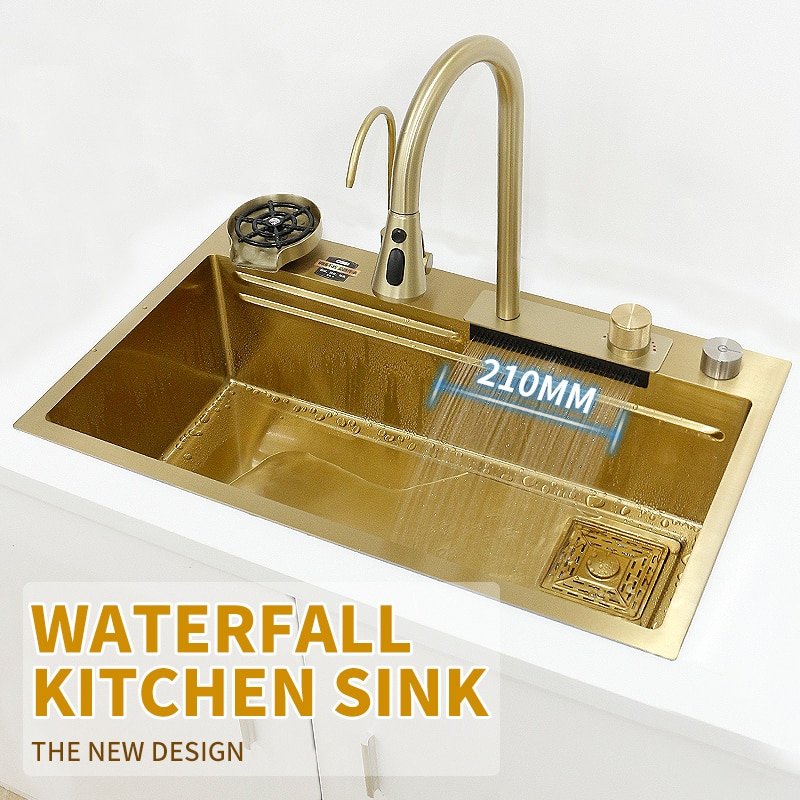 Waterfall Kitchen Sink Gold 304 Stainless Steel Raindance Large Single Bowl Wash Basin Drain Kitchen Accessories Set Topmount 2