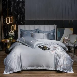 Double Queen King 4Pcs Satin Cotton Luxury Flower Embroidery Chic Gray Bedding Set Duvet Cover With Zipper Bed Sheet Pillowcases 1