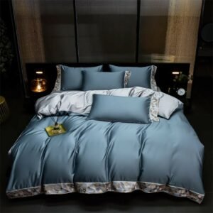 Solid Color 1000TC Egyptian Cotton Duvet Cover Chic Embroidery Blue 4Pcs Twin Queen King Family Bedding Set Bed Sheet Pillowcase 1