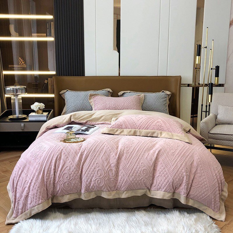 3D Carved Velvet Thick Duvet Cover Set Zipper Solid Pink Gray Embroidery Luxuious Bedding set Bed Sheet Pillowcases Ultra Soft 1