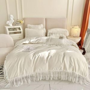 Ruffle White Duvet Cover Queen King 4Pcs Chic Elegant 1200TC Egyptian Cotton Lace Drop French Duvet Cover Bed Sheet Pillowcases 1