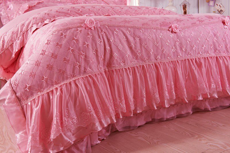 Shabby Chic Lace Ruffle Duvet Cover Set Cotton Chic Embroidery Wedding Bedding set Hot Pink Red 4/6Piece Bed Sheet Pillow shams 3