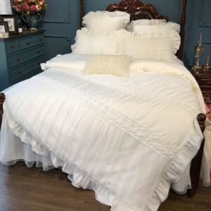 Beige Cream White Lace Princess Duvet Cover Bed set 4/6Pcs Girls Egyptian Cotton Bedding set Quilted Cotton Bed Skirt/Bedspread 1
