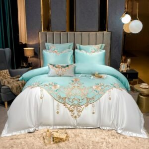 Super King 4Pcs Satin Cotton Rich Silky Duvet Cover Set Embroidery Patchwork Bedding Set Soft Cotton Bed Sheet Pillowcases 1