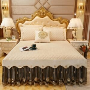 Luxury Velvet Diamond Quilted Bedskirt Bed Sheet 3 Side Coverage 18 inch Drop Dust Ruffle Lace Bed Skirt with Pillowshams 3/6Pcs 1