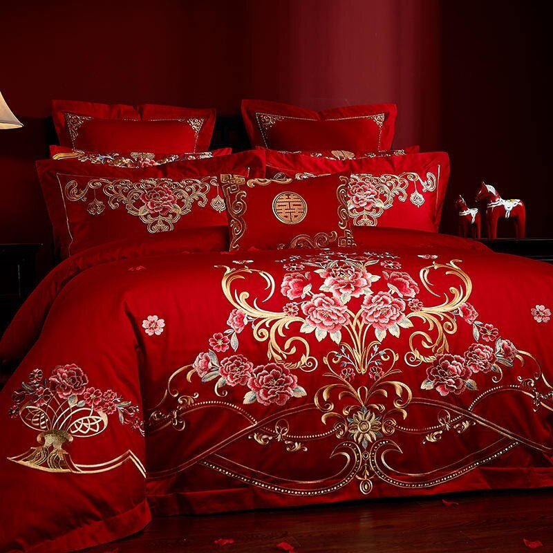Luxury Double Happiness Wedding Red Bedding Set Embroidery 100%Cotton Soft Duvet Cover set Flat sheet Bedspread Pillow shams 5