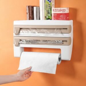 3-in-1 Aluminum Tin Foil Plastic Wrap Dispenser with Cutter Wall Mounted Kitchen Storage Organizer Wax Paper Roll Holder Rack 1