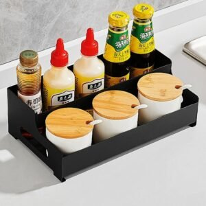 2 Tier Kitchen Counter Spice Rack Organizer Seasoning Storage Holder Condiment Step Shelf Sauce Cabinet Metal Pantry Black 1
